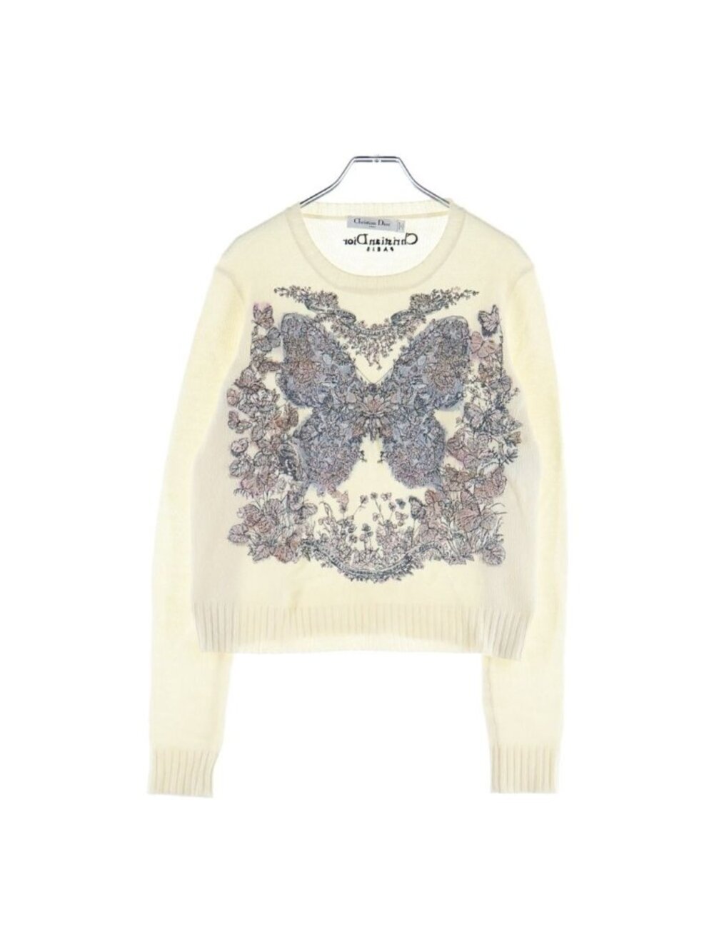 Dior Butterfly Around the World Embroidery Crew Neck Knit Sweater White